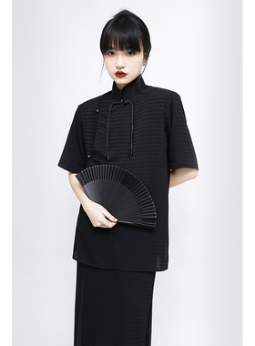 APOZi衍生水墨 新中式黑色立领斜襟上衣男女同款宽松短袖衬衫新款