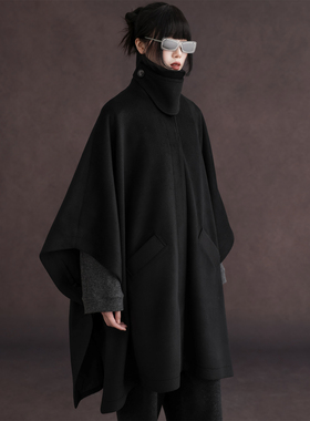 APOZi collection/浮雾柔金/羊毛立领斗篷外套A字蝙蝠袖宽松大衣