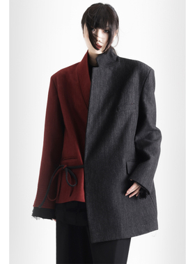 APOZi collection迷藏系列新中式不规则拼接设计黑红藏袍系带外套