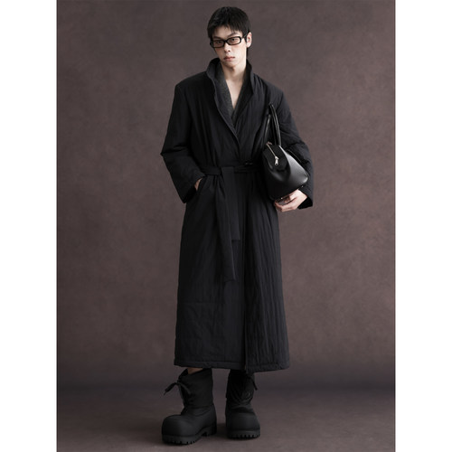 APOZi collection/浮雾柔金/复古中式绑带中长款外套垫肩薄款棉服
