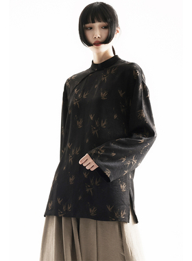 APOZi collection 行诗系列 新中式竹印花绑带设计感黑色旗袍上衣