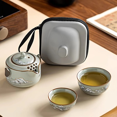 颜荣聪汝窑旅行茶具套装一壶两杯户外喝茶便携式陶瓷茶壶茶杯泡茶