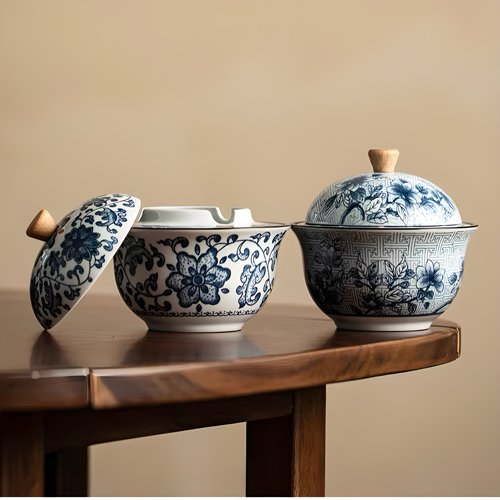 青花瓷烟灰缸带盖防风防飞灰满印花家用陶瓷复古烟缸大号桌面摆件