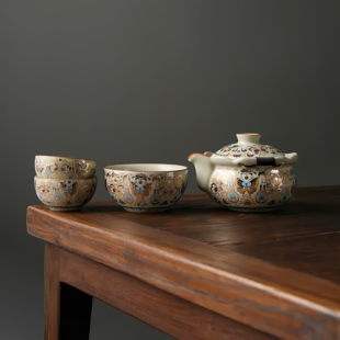 快客杯户外露营泡茶壶茶杯 一壶三杯便携式 新款 汝窑旅行茶具套装