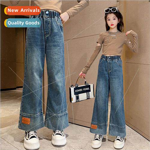 Girls fall big leg mouth labeling jeans 2023 new childrens