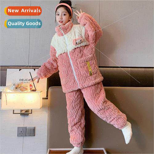 Childrens girls three-layer laminated cotton thickened pajam