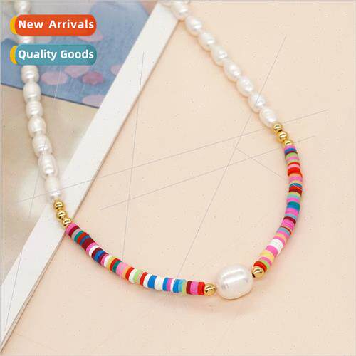 Ethnic Necklace Rainbow Color Soft Ceramic Pearl Handmade Be