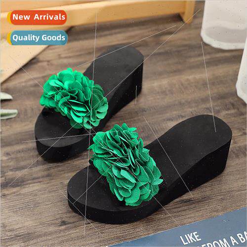 Large size handmade flower slippers female summer slope heel