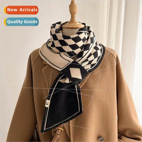 Diamond grid wool knitted scarf female fall and winter warm