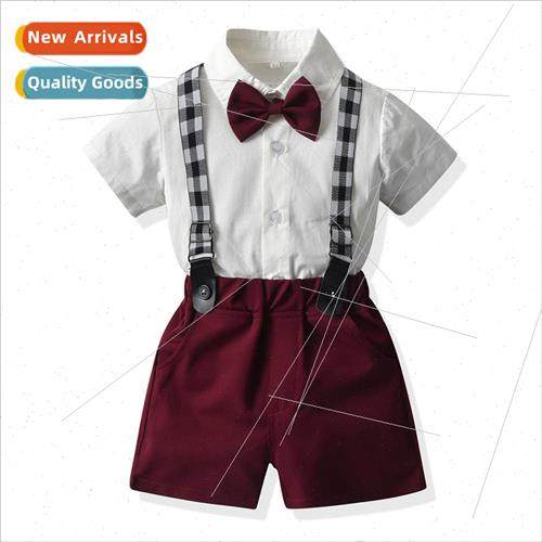 Summer boys dress suit children lapel short-sleeved cotton c图片