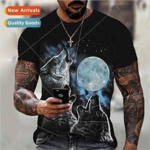 Fashion new 3D starry wolf print fashion mens short-sleeved