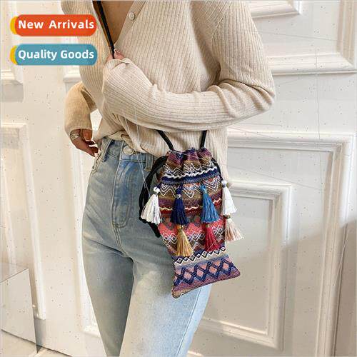 Tassel woven bucket bag bag female new fashion ethnic  shoul