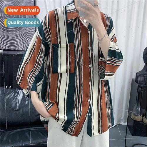Summer mens new striped short-sleeved shirt teenage students