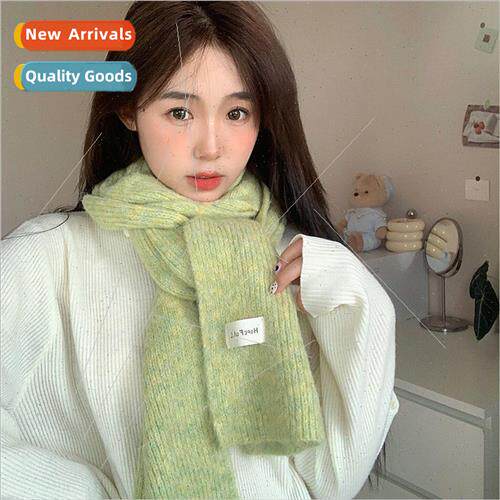 Green knitted scarf female autumn and winter white Korean in