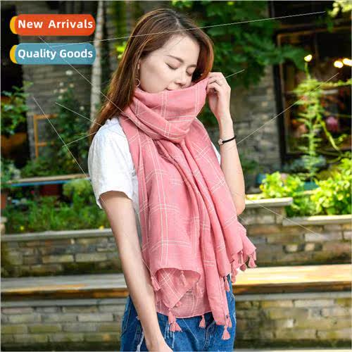 Cotton and linen scarf casual versatile soft retro tassel pe