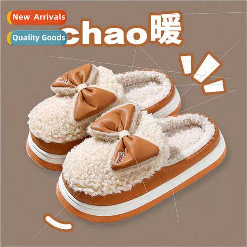 Cotton slippers female fall and winter leather bow stepping
