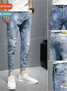 Jeans mens summer thin section elastic Slim Korean nd nine-m
