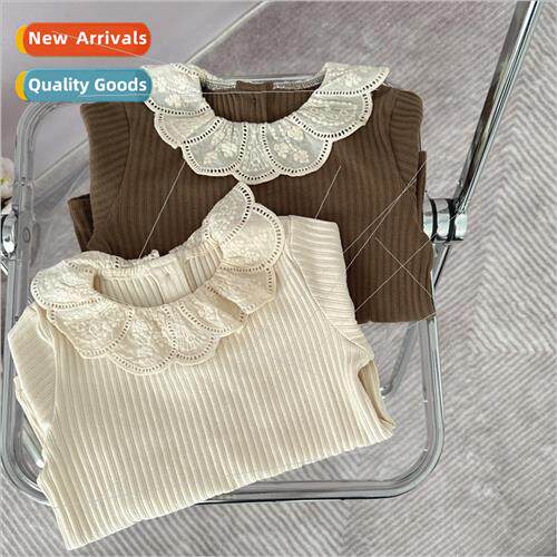 2023 new girls pit stripe lace bottoming shirt spring and fa