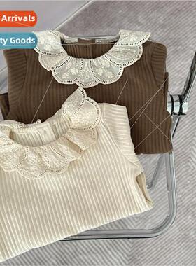 2023 new girls pit stripe lace bottoming shirt spring and fa