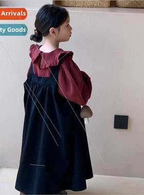 Childrens skirt 2023 autumn  girls Korean solid color suspen