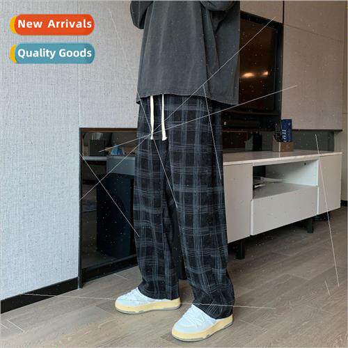 Corduroy plaid casual pants mens fall ins loose straight wid