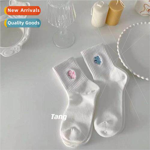 Embroidery angel bear socks fall and winter ins Japanese cut