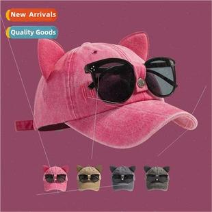 Cat ears sunglasses pink baseball cap personalized ins cool