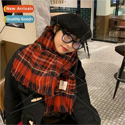 Red plaid retro scarf female Korean  of the ins Christmas ne