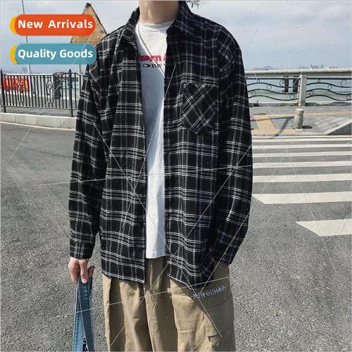 Spring and Autumn new plaid long-sleeved shirt men Korea loo