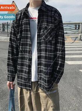 Spring and Autumn new plaid long-sleeved shirt men Korea loo