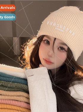 Letter labeled wool cap female warm casual knit cap fall and