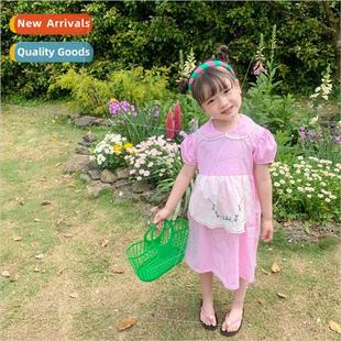 Korean girls plaid summer collar new lace 2022 sweet