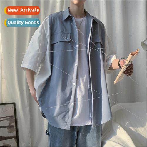 Summer new fake two-piece five-minute sleeve shirt men Korea
