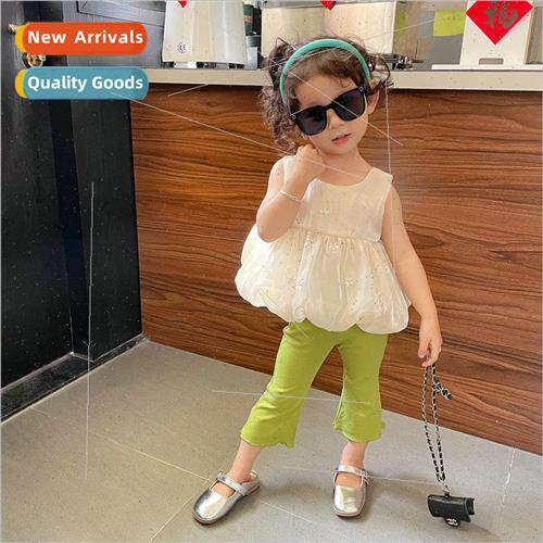Girls summer sleeveless suit new chiffon princess  top green