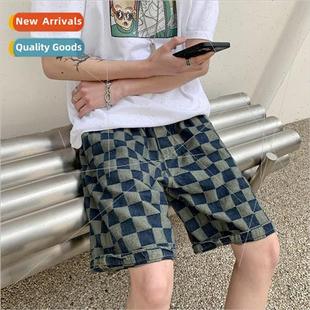 loose shorts five mens Japanese Kong Hong ins denim Plaid