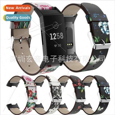 适用 Fitbit charge3 charge4 black rubber head grain peony fl