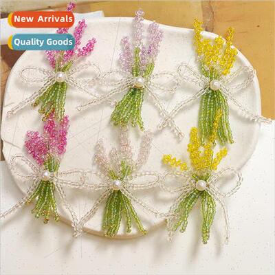 Rustic  pearl bow lavender diy handmade weaving beaded hair