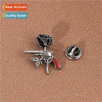 Dark Rose Pistol Brooch Vintage Personalized Gothic Alloy Oi