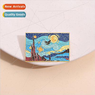 Creative Geometric Star Brooch Oil Painting Art Tower Moon S