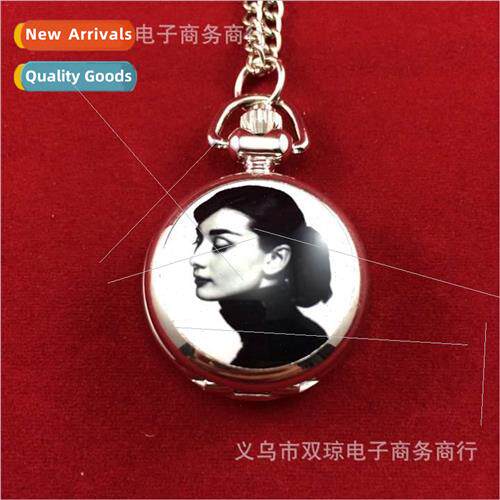 Fashion Audrey Hepburn Beauty Head Pocket Watch Long Necklac