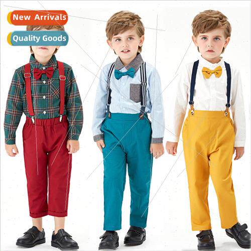 Boys Bib Pants Two Piece Set 2023 Childrens Long Sleeve Cott