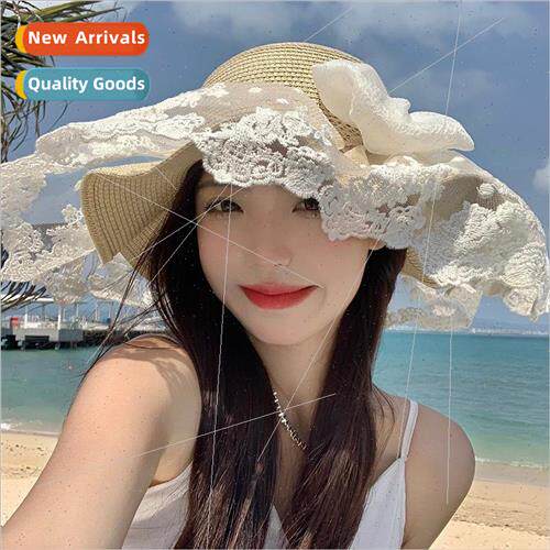 French lace bow straw hat female summer seaside large brim s