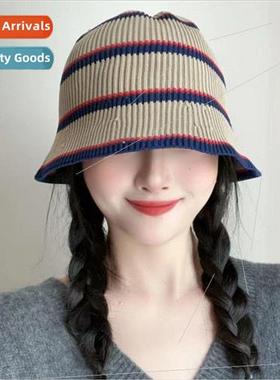 Autumn and winter clashing color striped fisherman cap simpl