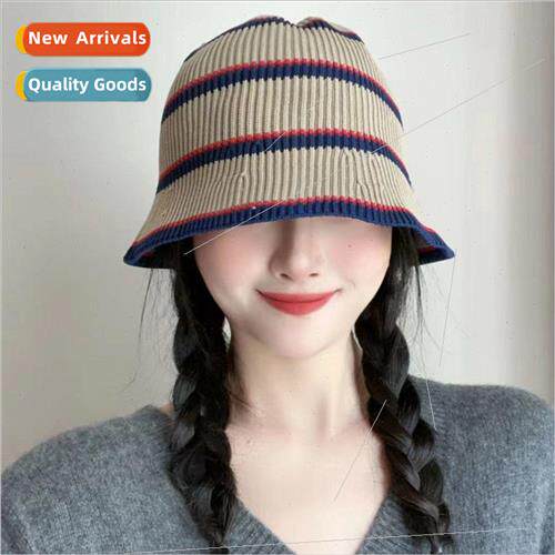 Autumn and winter clashing color striped fisherman cap simpl