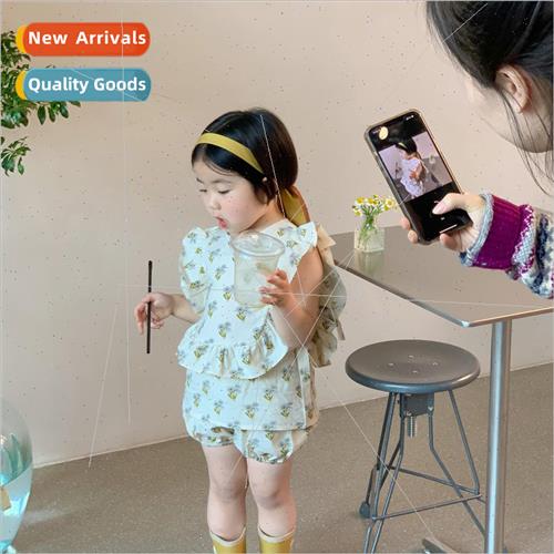 Girls suit 2023 summer new girl baby floral short-sleeved to