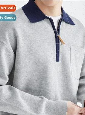 Color clashing knitted polo shirt mens half-open lapel sweat