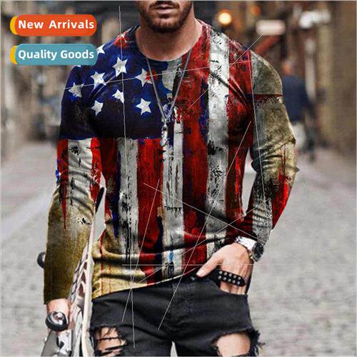 20213D Printed Mens Loose New Vintage Round Neck Star Flag L