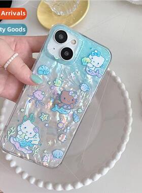 Cartoon mermaid cat shell pattern 适用 Apple 14 stand iPhone