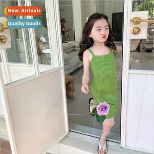 girls green childrens new summer dress ins knit 2023 halter