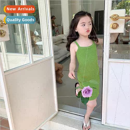 2023 new ins girls green halter knit dress childrens summer